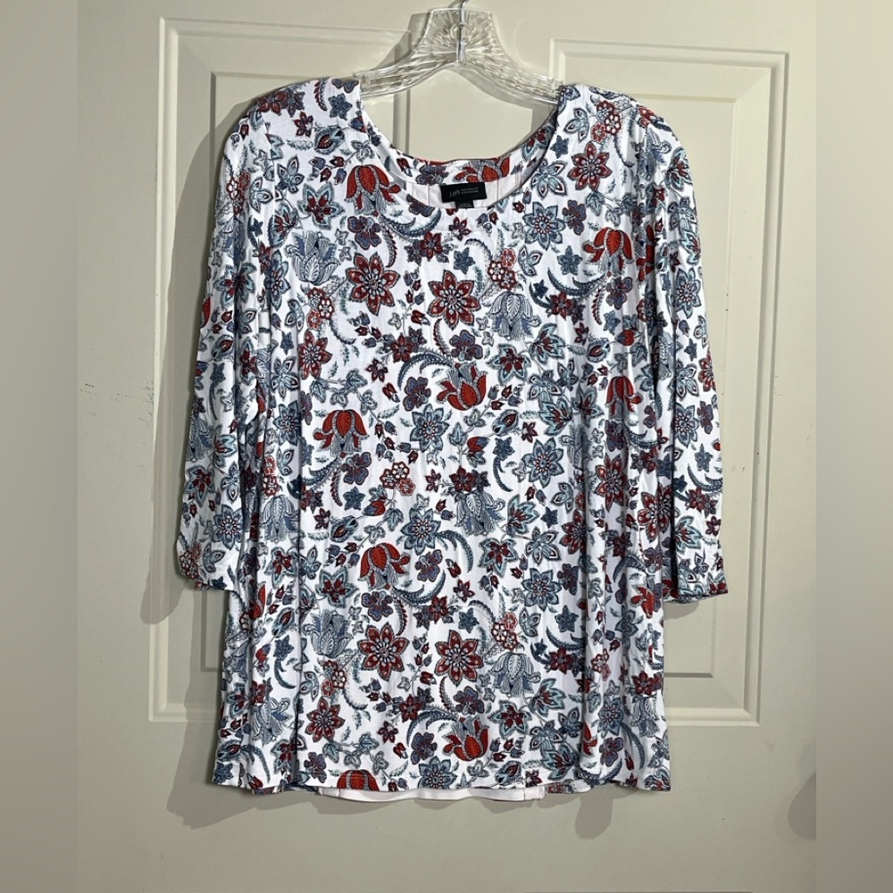 J. Jill Wearever Red Blue Floral Tunic Top M Petite Button Back Blouse